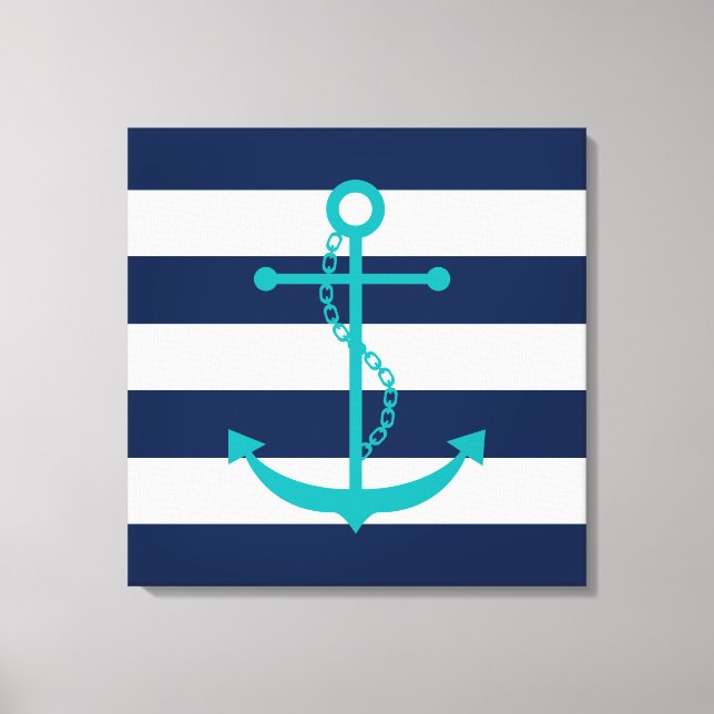 Teal Anchor on Blue Stripes Canvas Print (Front)