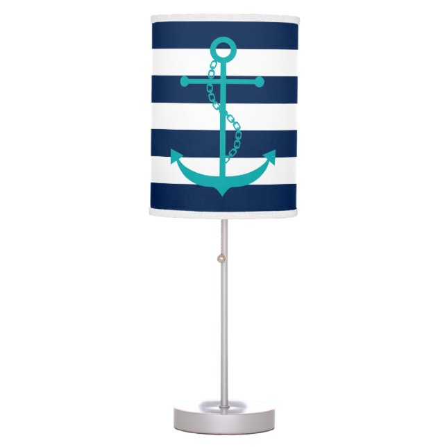 Teal Anchor on Navy Blue Stripes Table Lamp (Front)