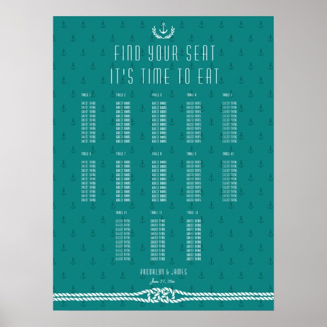 Teal Anchors Nautical Wedding Seating Chart (Front)