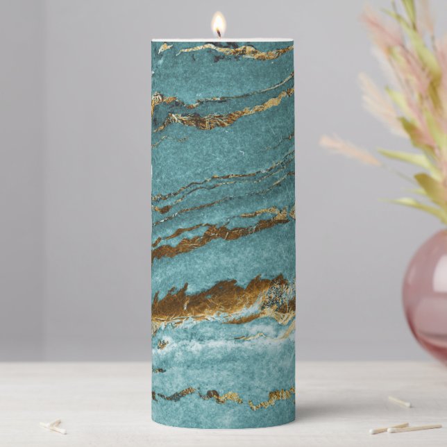 Teal and Aged Gold Abstract Marble  Pillar Candle (In Situ)