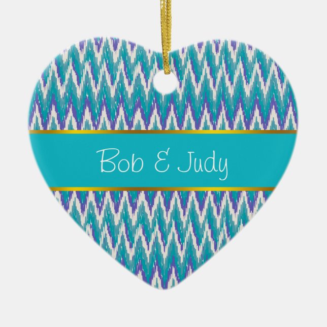 Teal and Amethyst iKat ZigZag pattern Ceramic Ornament (Front)