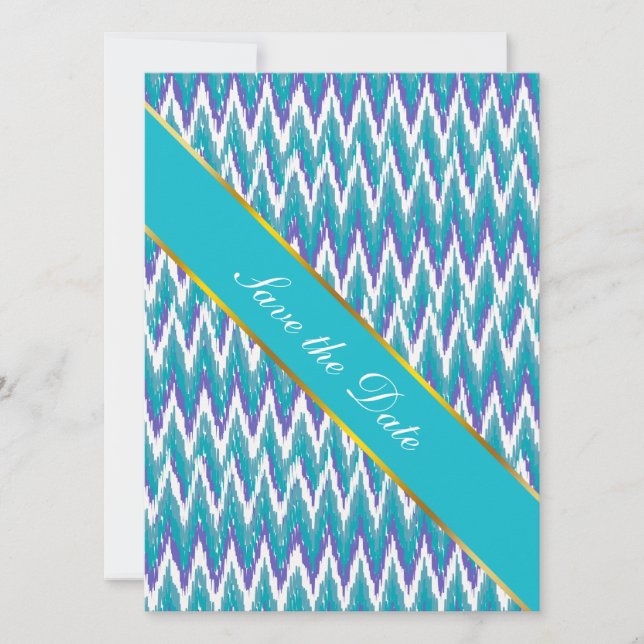 Teal and Amethyst iKat ZigZag pattern Save The Date (Front)