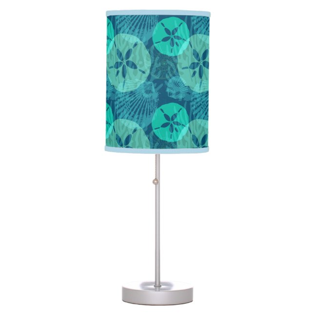 Teal and Aqua Blue Beach Sea Shells Patterned Table Lamp (Front)