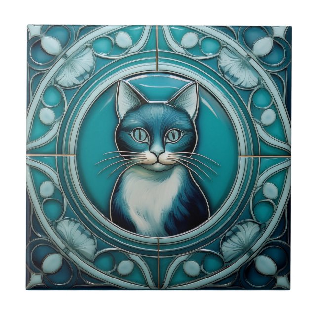 Teal and aqua blue faux relief Art Nouveau Cat Ceramic Tile (Front)