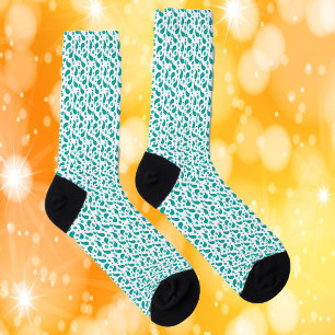 Teal and Aqua Blue Floral Paisley Pattern on White Socks