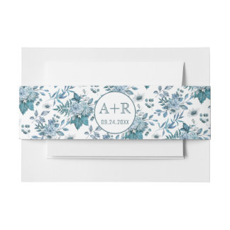 Teal and aqua blue floral pattern initials wedding invitation belly band