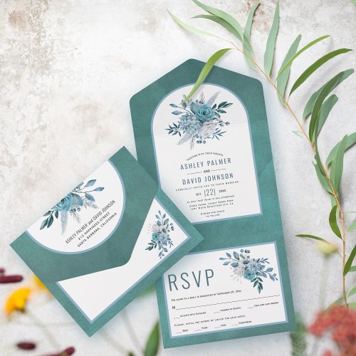 Teal and aqua blue flowers and arch wedding all in one invitation