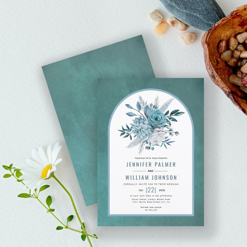 Teal and aqua blue flowers and arch wedding invitation