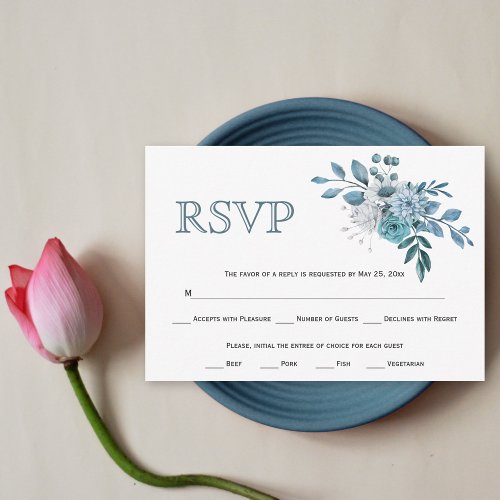 Teal and aqua blue flowers and foliage wedding RSVP card