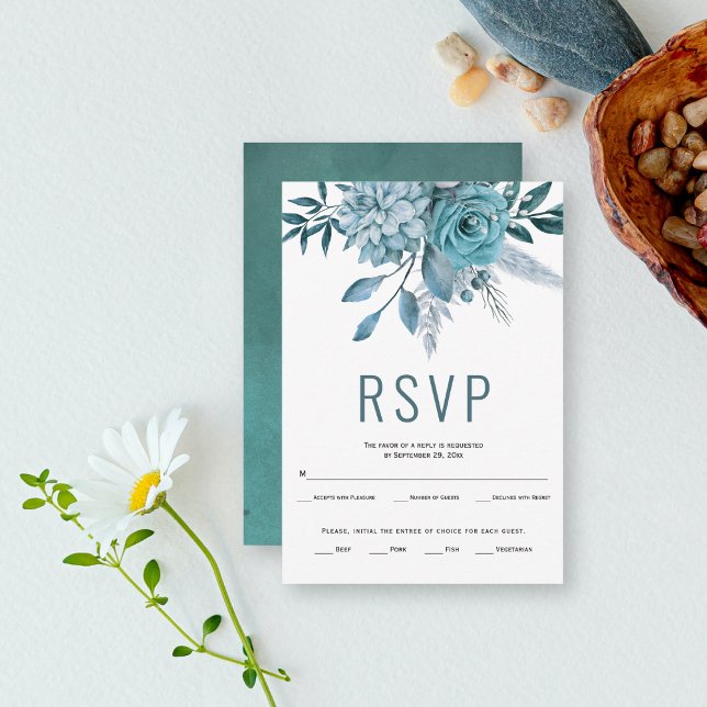 Teal and aqua blue flowers and leaves wedding RSVP card (Creator Uploaded)