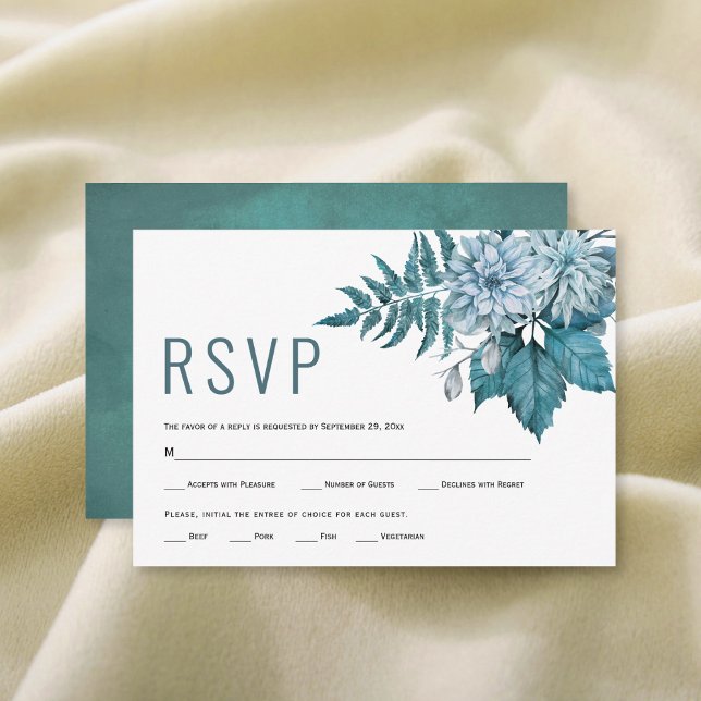Teal and aqua blue flowers floral summer wedding RSVP card (Creator Uploaded)