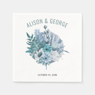 Teal and aqua blue flowers, palm leaf wedding napkins