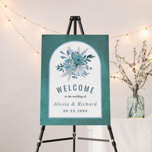 Teal and aqua blue flowers wedding welcome sign