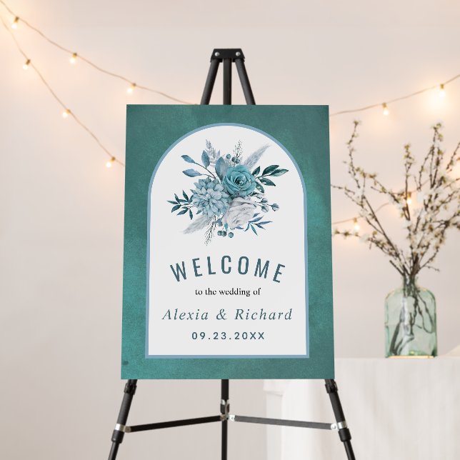 Teal and aqua blue flowers wedding welcome sign (In Situ (Stand))