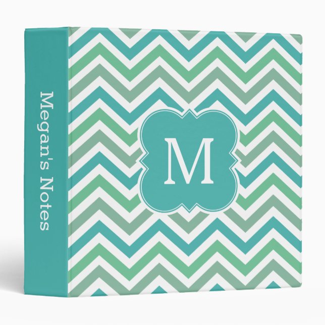 Teal and Aqua Green Chevron Pattern Monogram 3 Ring Binder (Front/Spine)