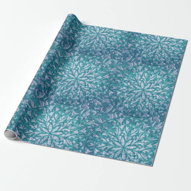 Teal and Aqua Snowflake Damask Wrapping Paper (Unrolled)