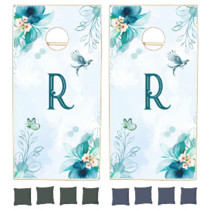 Teal and Aqua Watercolor Monogram Wedding Cornhole Set