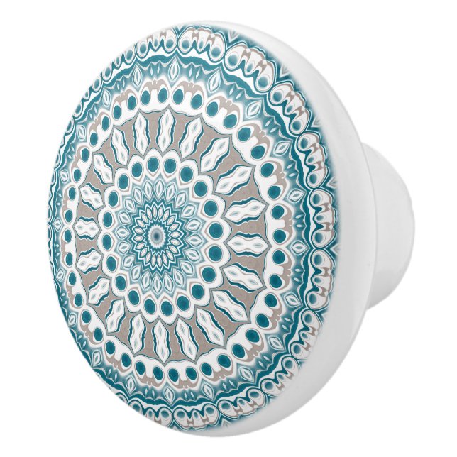 Teal and Beige Decorative Mandala Pattern Ceramic Knob (Right)