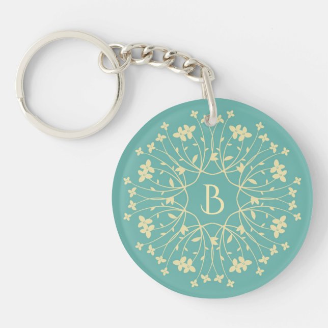 Teal and Beige Elegant Flower Wreath Monogram Keychain (Front)
