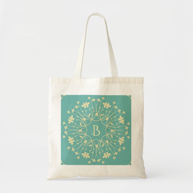Teal and Beige Elegant Flower Wreath Monogram Tote Bag (Front)