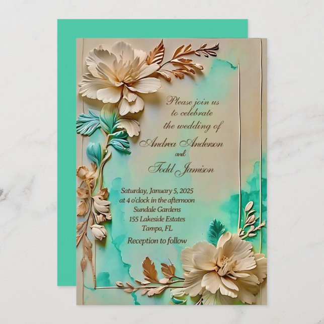 Teal and beige flower wedding invitation (Front/Back)