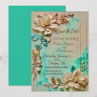 Teal and beige flower wedding  save the date