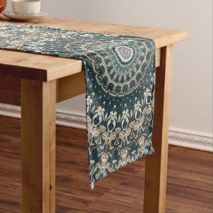 Teal and Beige Mandala Pattern Design Long Table Runner