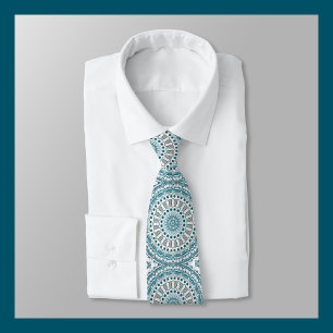 Teal and Beige Modern Mandala Pattern Neck Tie