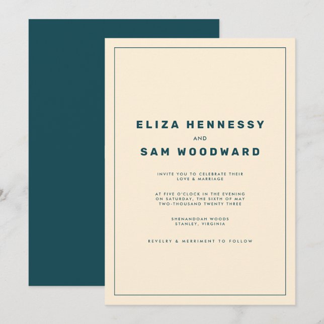 Teal and Beige Wes Anderson Inspired Wedding Invitation (Front/Back)