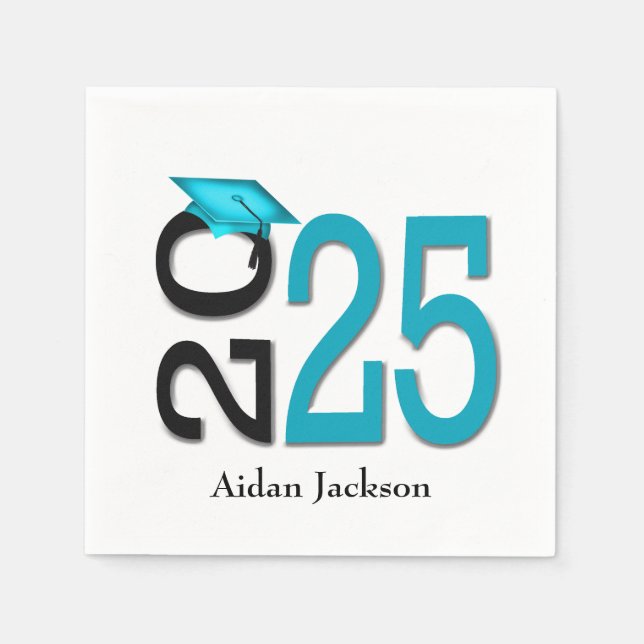 Teal and Black 2025 Graduation with Name Napkins (Front)