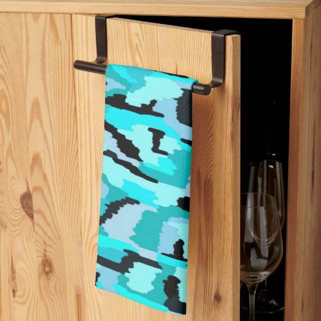 Teal and Black Abstract Print  Kitchen Towel (Thirds Fold)