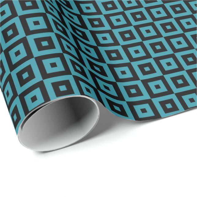 Teal and Black Art Deco Squares Geometric Wrapping Paper (Roll Corner)