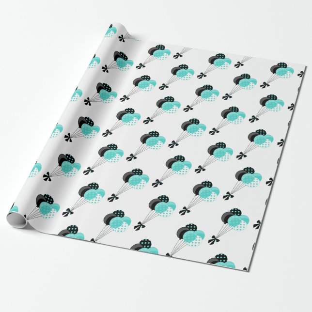 Teal and Black Balloon Celebration Wrapping Paper (Unrolled)