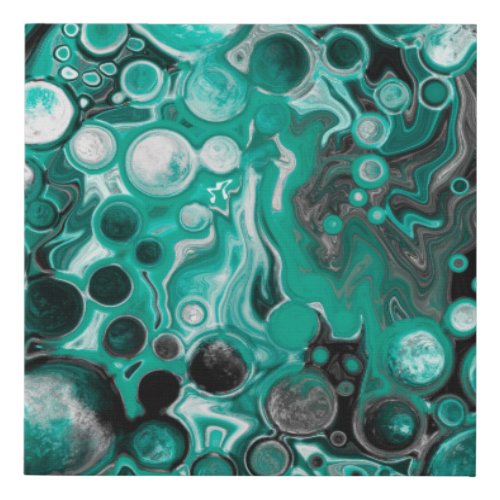 Teal and Black Bubbles Digital Fluid Art Cells  Faux Canvas Print