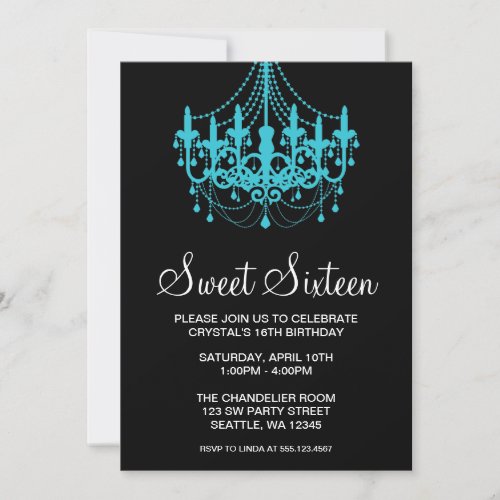 Teal and Black Chandelier Sweet Sixteen Birthday Personalized Announcements
