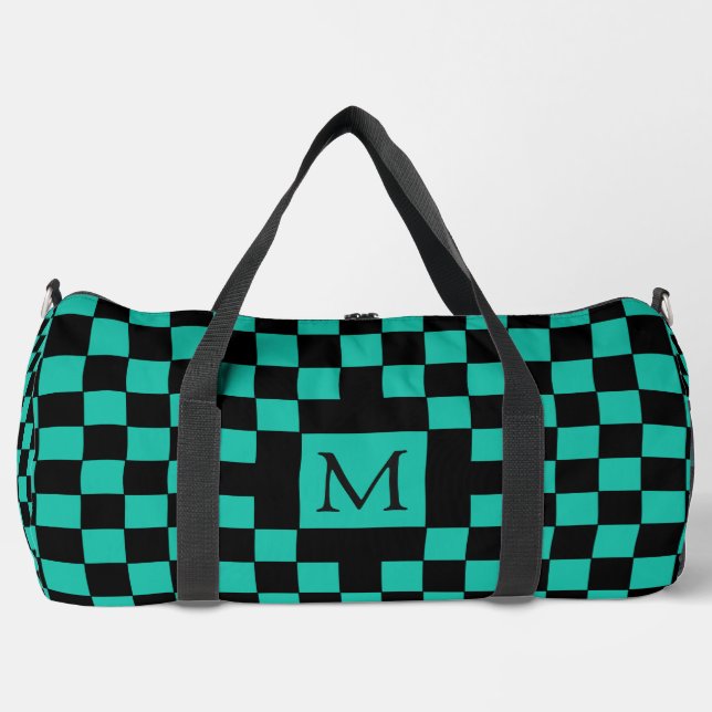 Teal and Black Checkerboard Pattern Monogram Duffle Bag (Front)