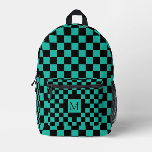 Teal and Black Checkerboard Pattern Monogram Printed Backpack