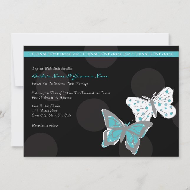 Teal and Black Cool Butterfly Wedding Invitation (Front)