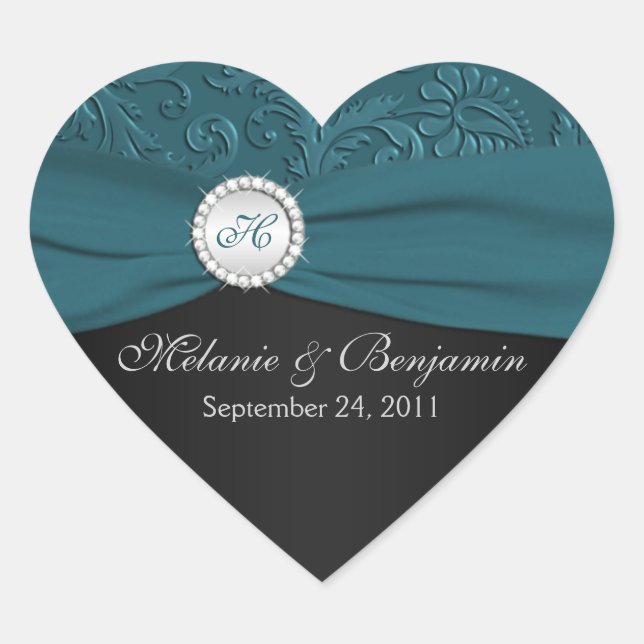 Teal and Black Damask Heart Shaped Sticker (Front)