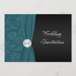 Teal and Black Damask Monogram Wedding Invitation