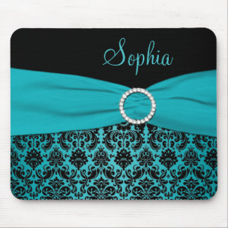 Teal and Black Damask Mousepad