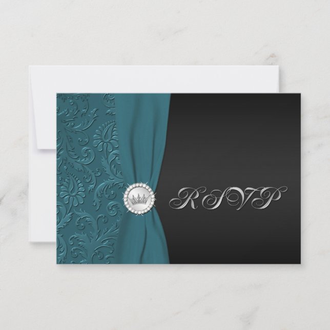 Teal and Black Damask Quinceanera RSVP Card (Front)