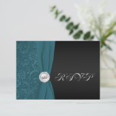 Teal and Black Damask Quinceanera RSVP Card (Standing Front)