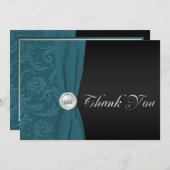 Teal and Black Damask Quinceanera Thank You Card (Front/Back)