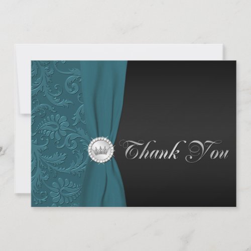 Teal and Black Damask Quinceanera Thank You Card