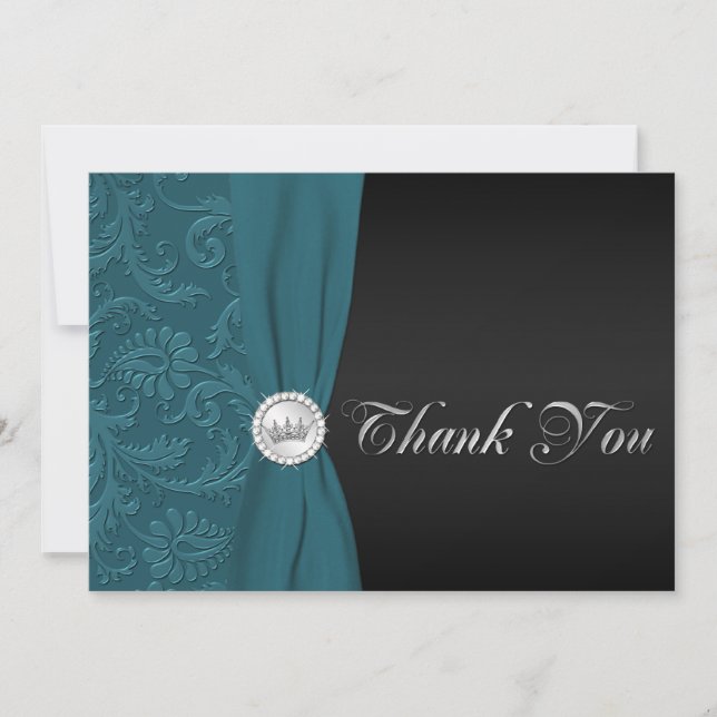 Teal and Black Damask Quinceanera Thank You Card (Front)