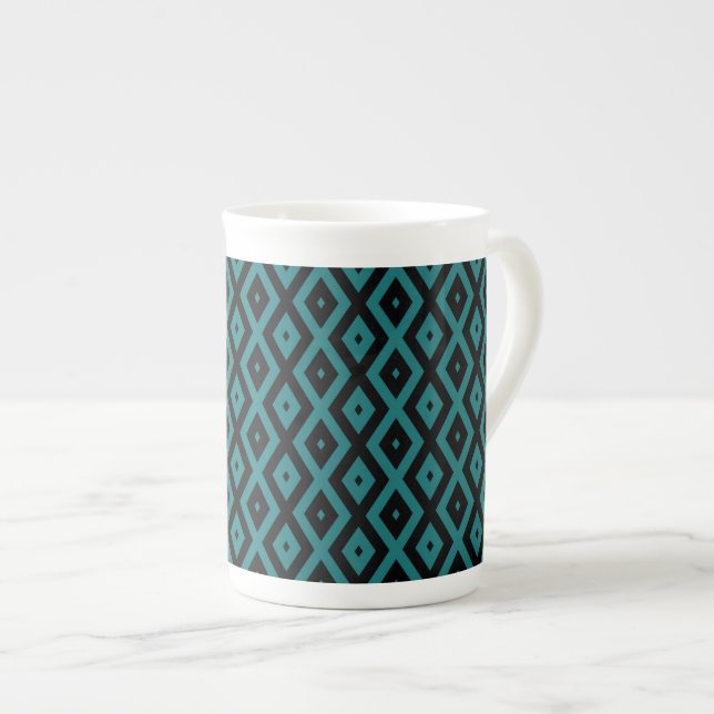 Teal and black diamond pattern bone china mug (Front Right)