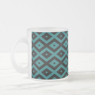 Teal and black diamond pattern frosted glass coffee mug