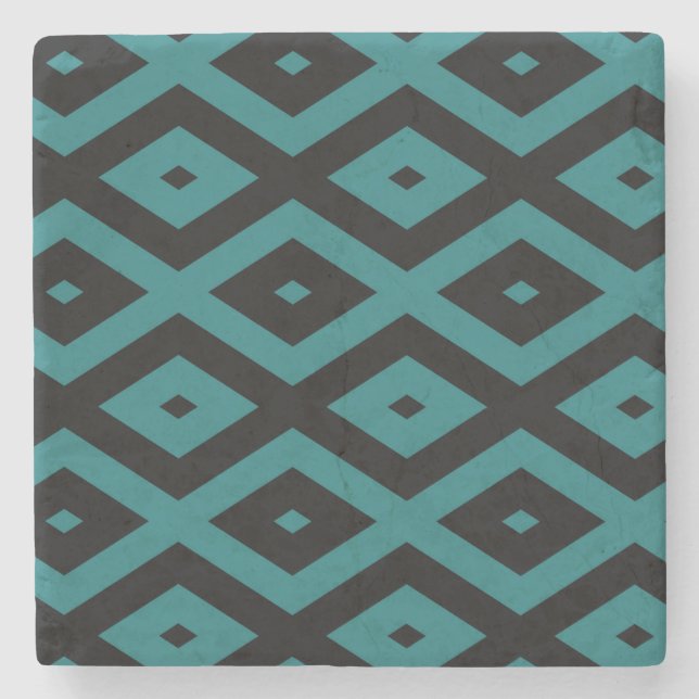 Teal and black diamond pattern stone coaster (Front)