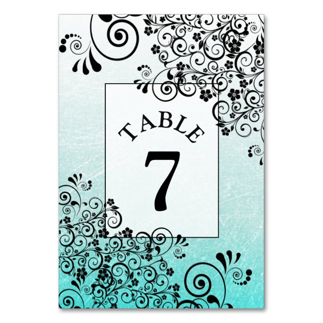 Teal and Black Fancy Wedding Table Number Card (Front)